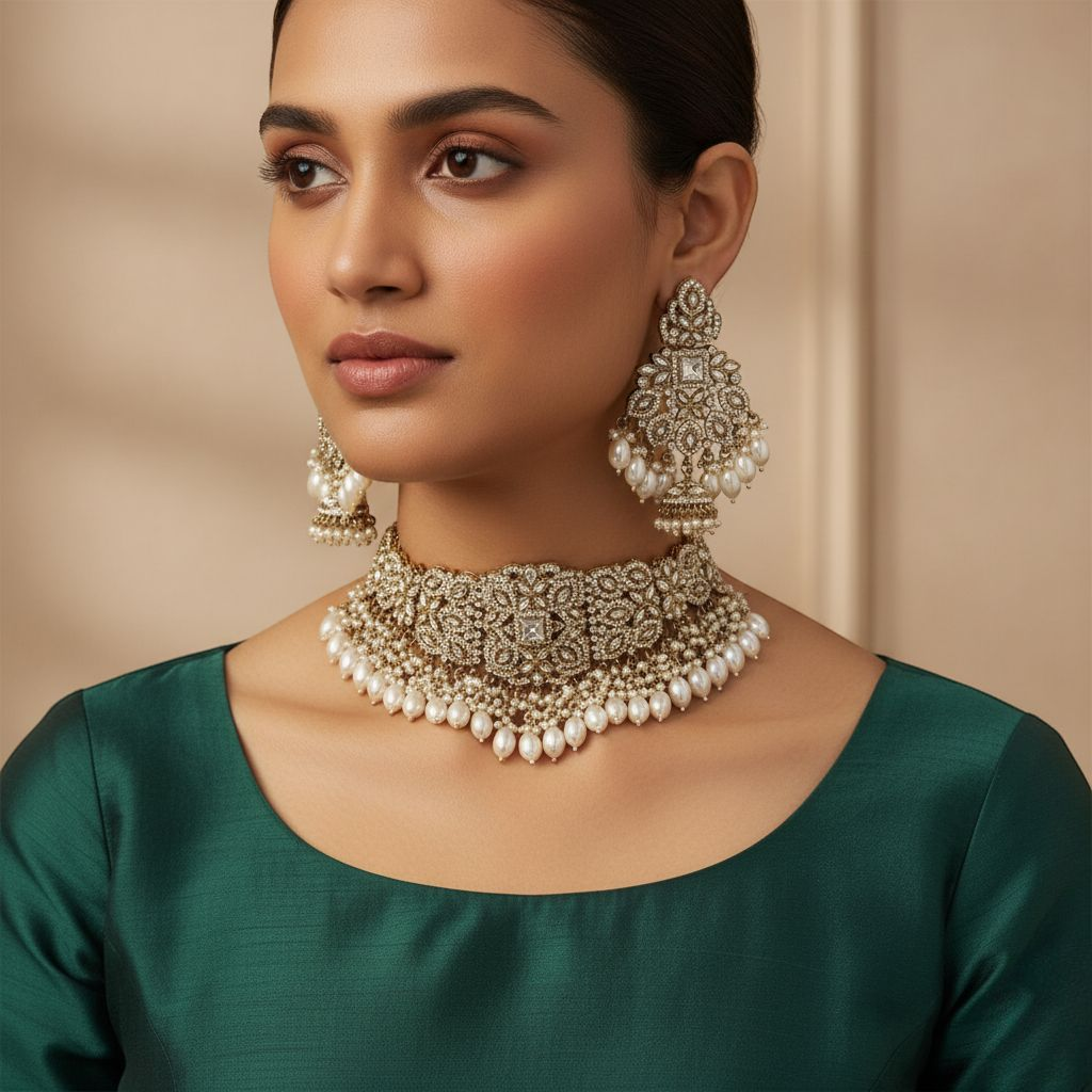 Polki Choker Halskette | mit Ohrringe & Tikka | gold ,weis