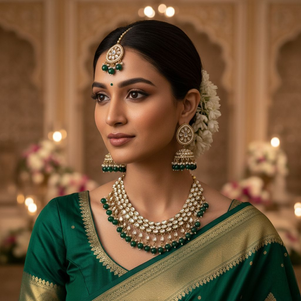 Kundan Choker Halskette mit Ohrringe & Tikka - gold | grün