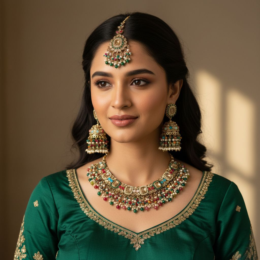 Polki Halskette mit Ohrringe & Tikka - Multi color