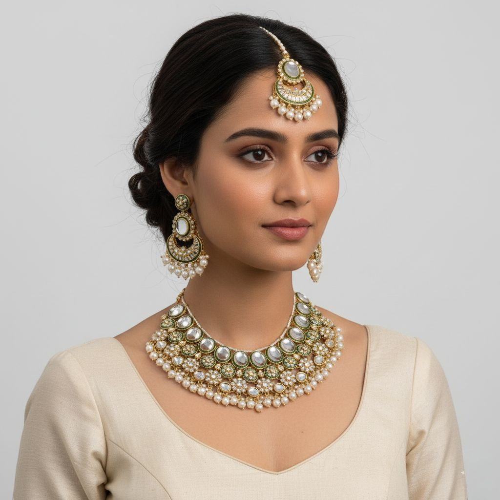 Kundan Choker Halskette mit Ohrringe & Tikka - gold | weiß