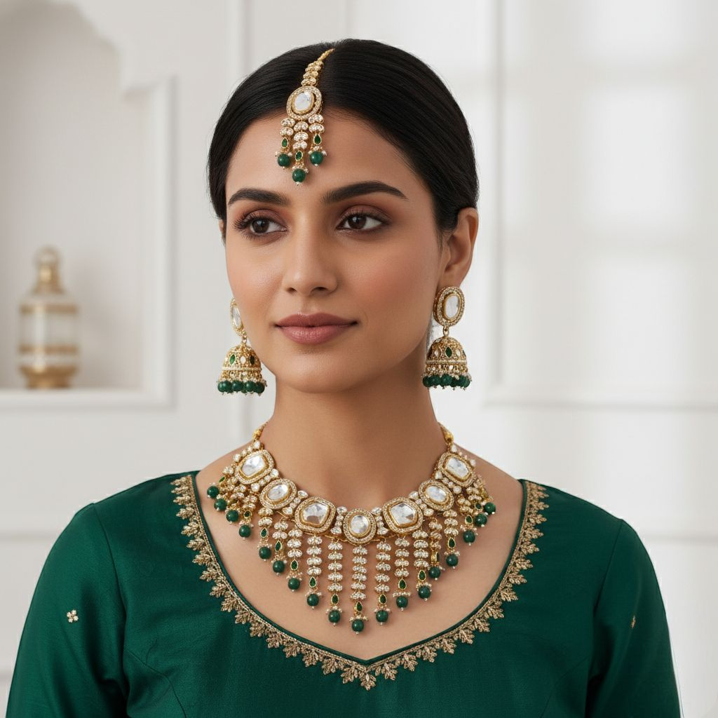Kundan Halskette mit Ohrringe & Tikka - gold | grün