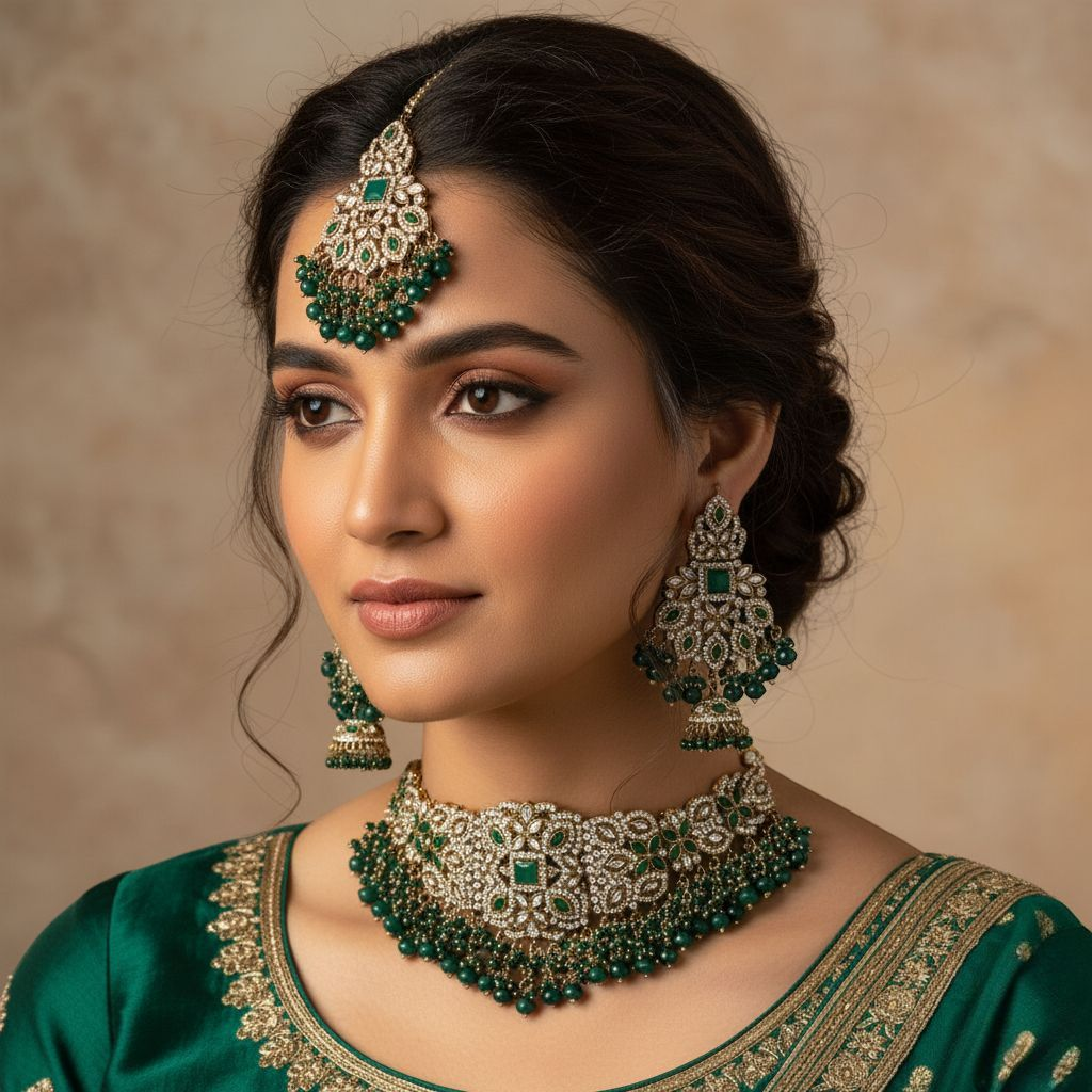 Polki Choker Halskette | mit Ohrringe & Tikka | gold ,grün