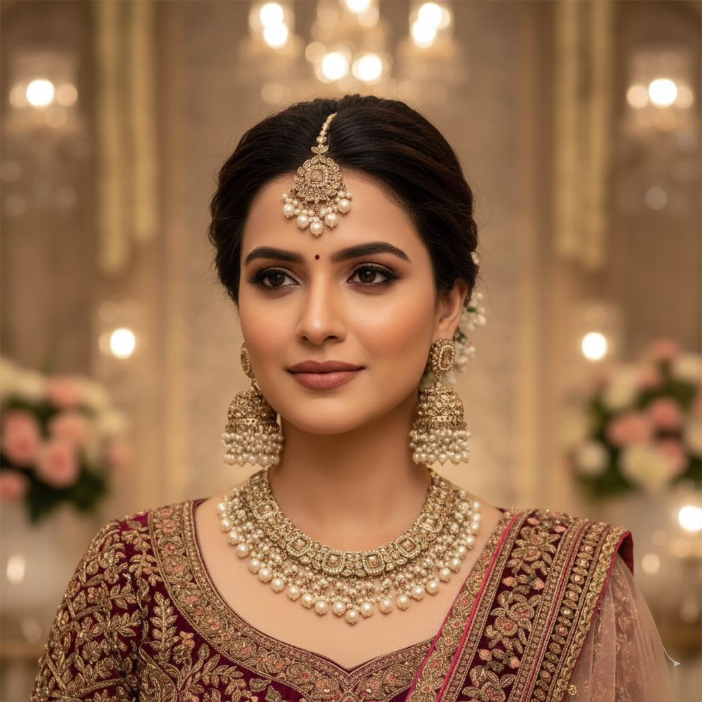 Polki Halskette mit Ohrringe & Tikka - gold