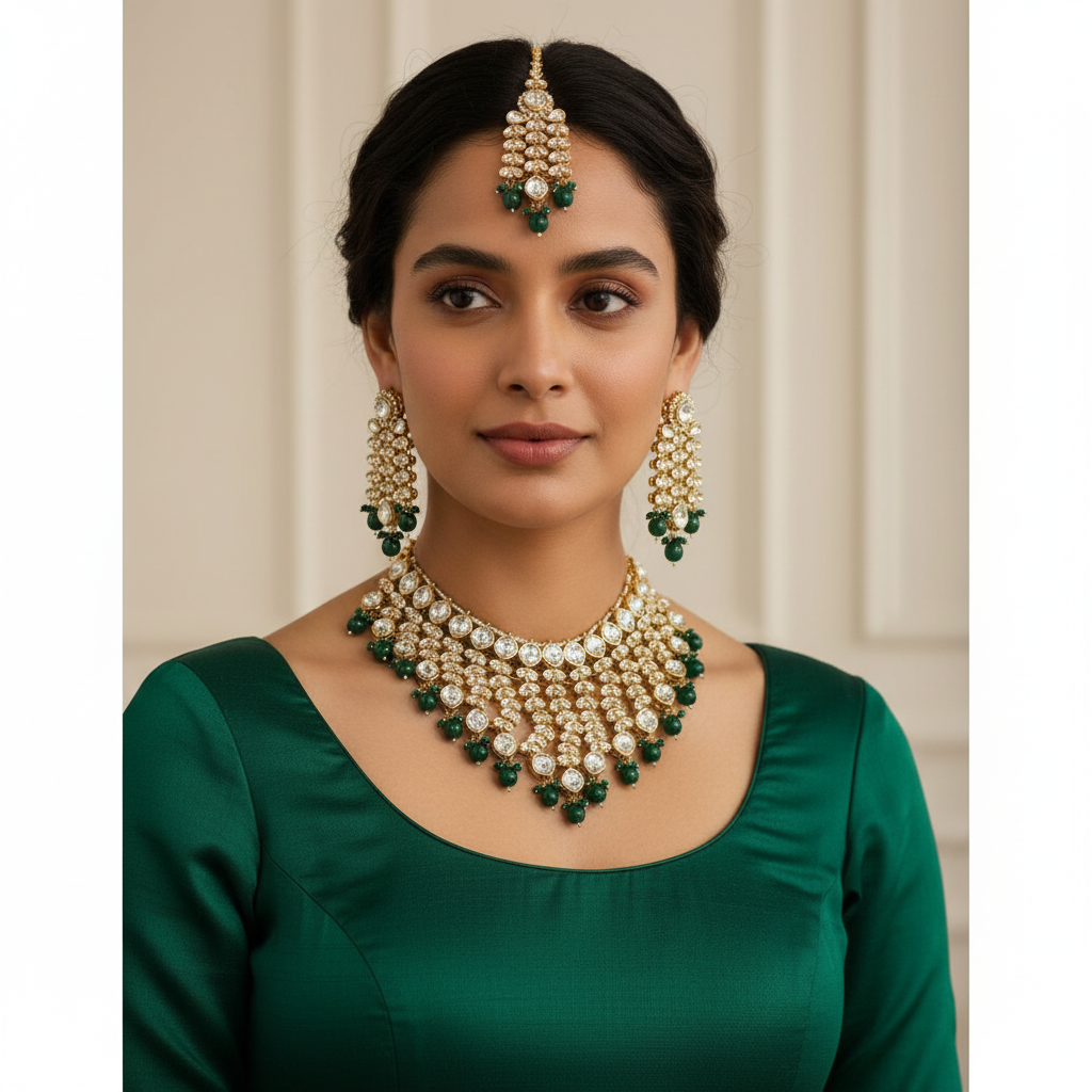 Kundan Choker Halskette mit Ohrringe & Tikka - gold | grün