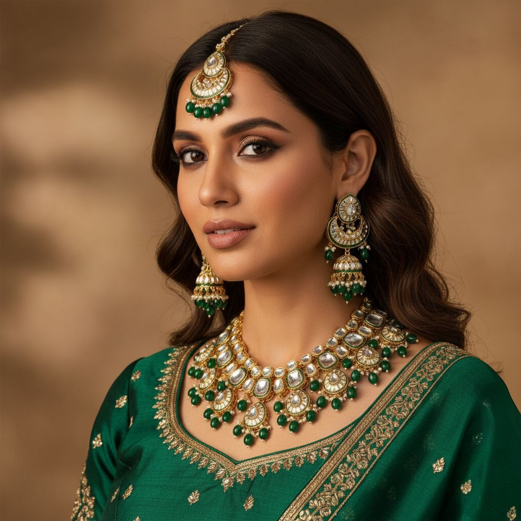 Kundan Halskette mit Ohrringe & Tikka - gold |grün