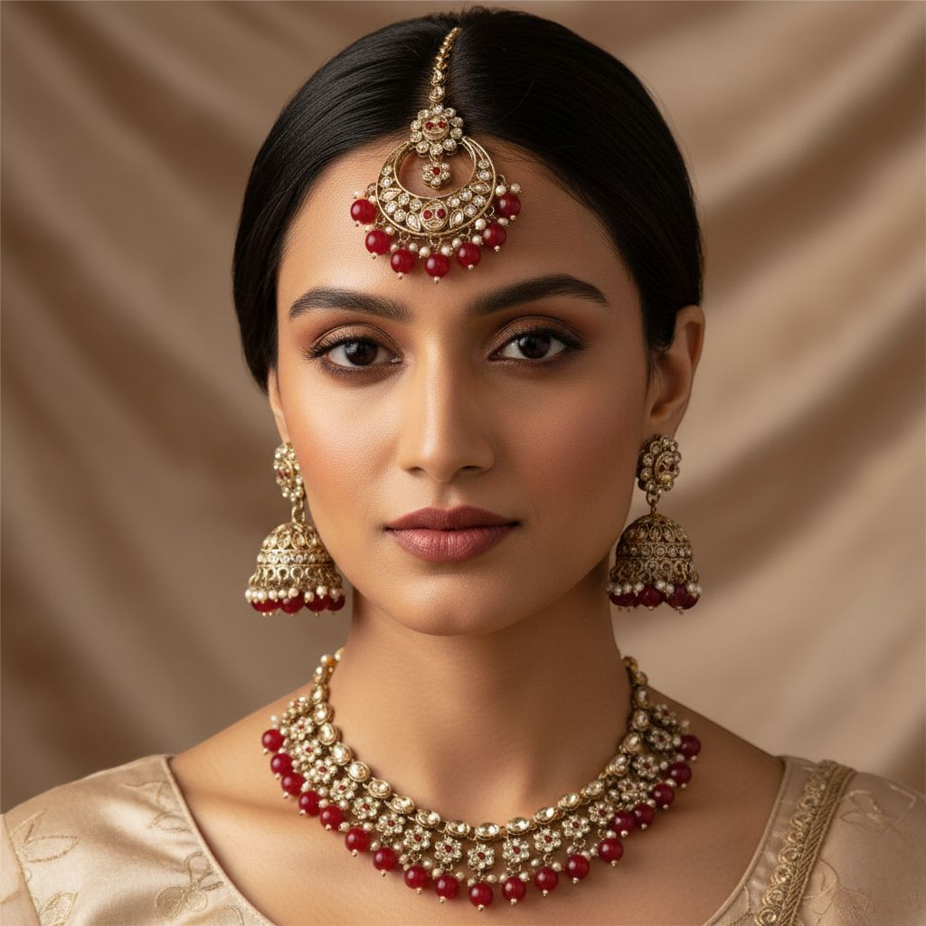 Polki Halskette mit Ohrringe & Tikka - gold | rot