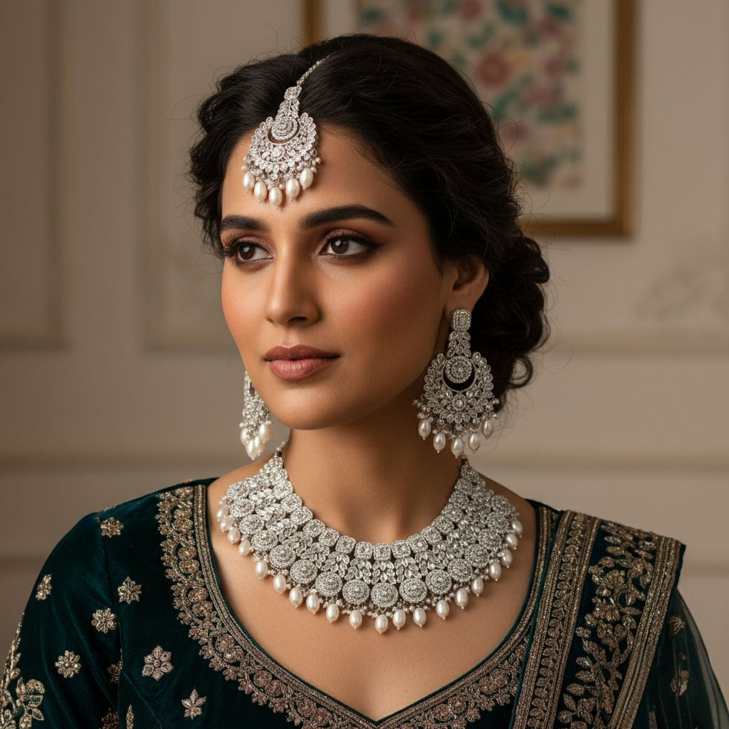 Polki Halskette mit Ohrringe & Tikka - Silber | Braut