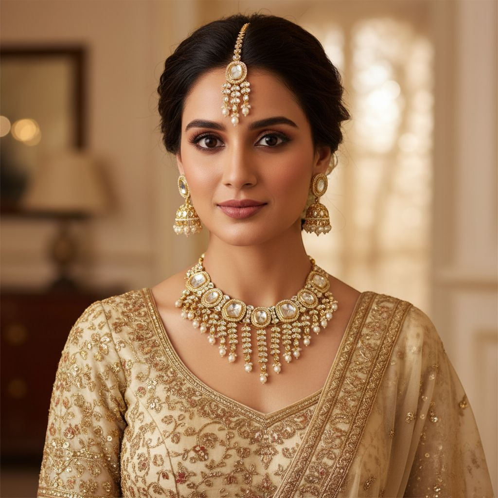 Kundan Halskette mit Ohrringe & Tikka - gold | weiß