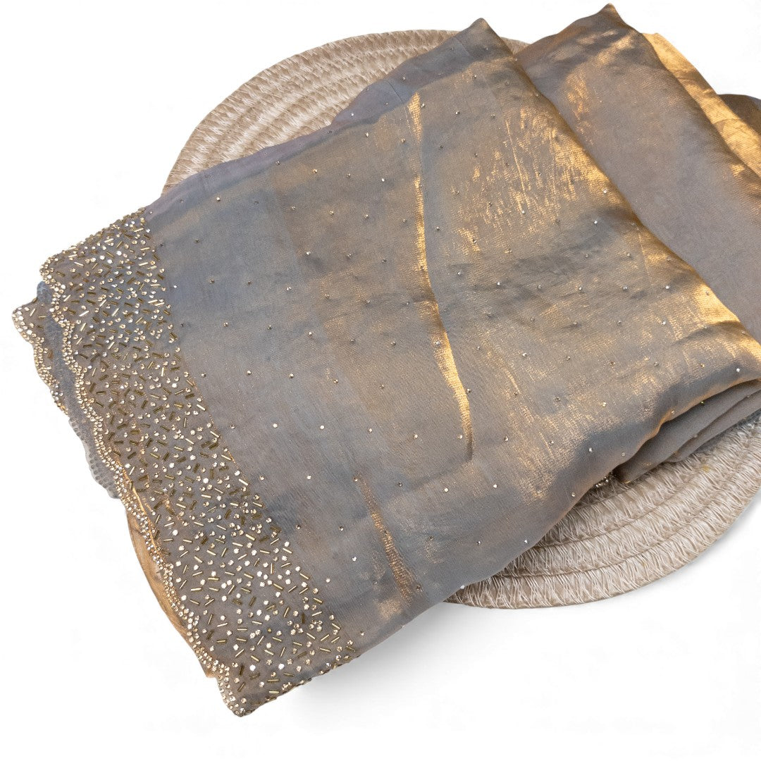 Space Silk Sarees – Premium | Edle, Weiche Seide in Perfektion | Grau, Gold