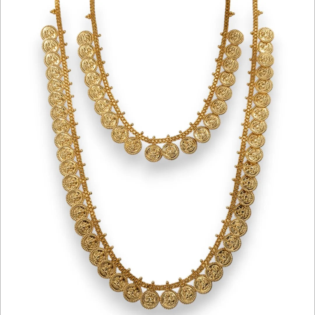Gold-plated necklace long with earrings set - gold