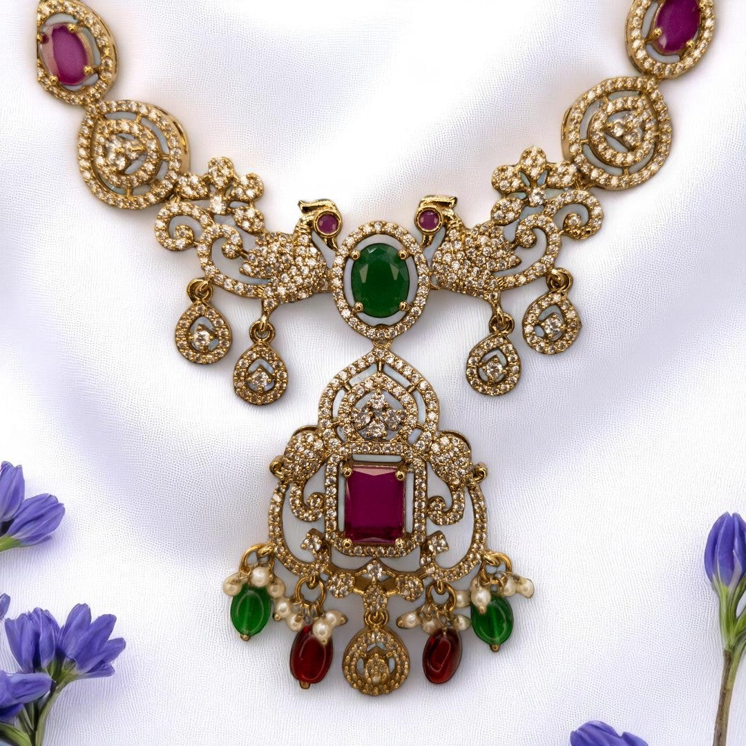 Victorian Halskette mit Lange Kette Ohrringe und Tikka - gold | grün, magenta- Combo set