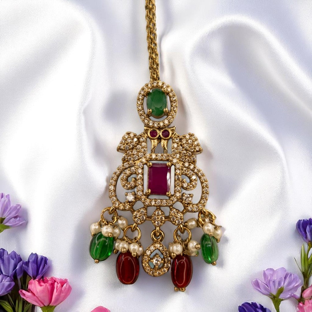 Victorian Halskette mit Lange Kette Ohrringe und Tikka - gold | grün, magenta- Combo set