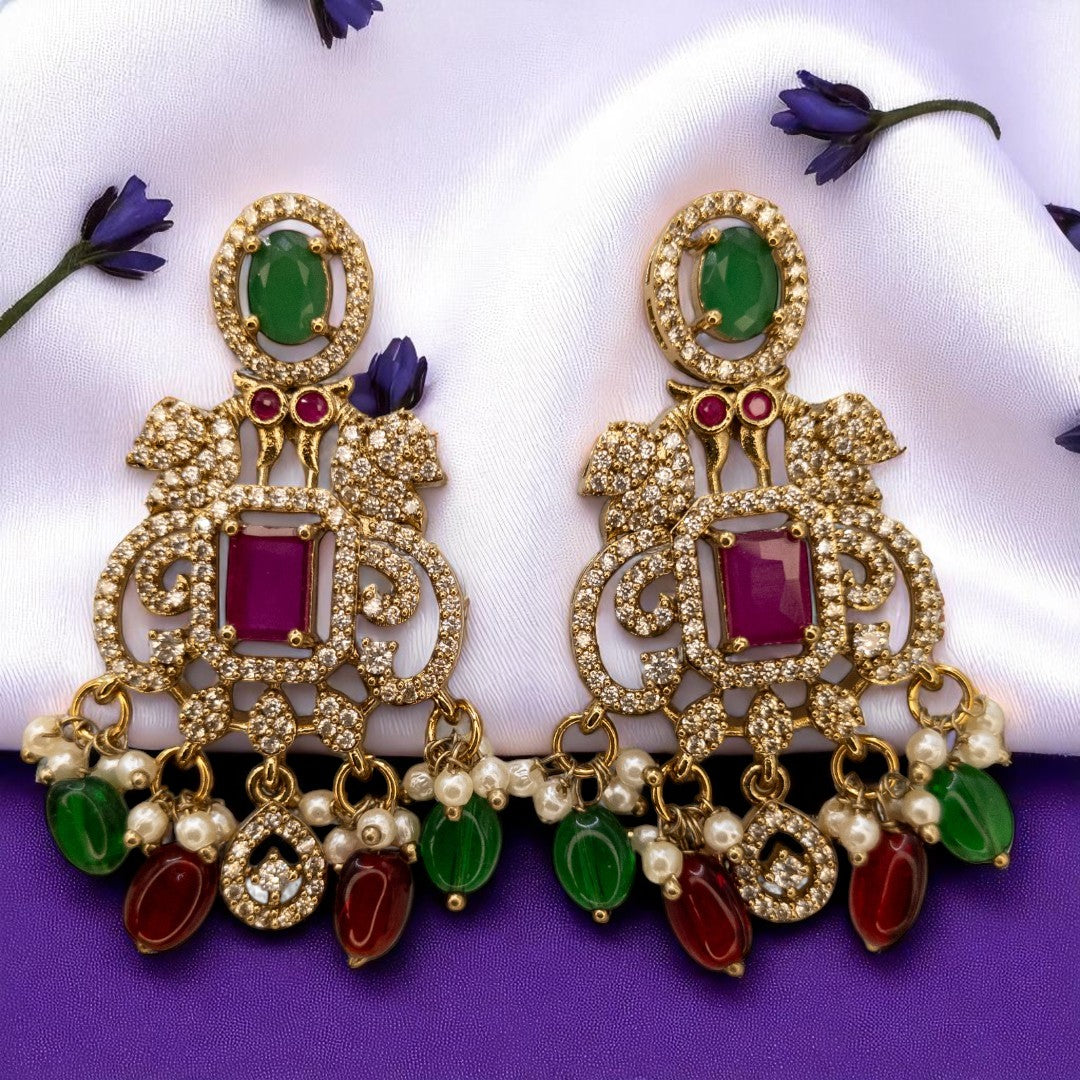 Victorian Halskette mit Lange Kette Ohrringe und Tikka - gold | grün, magenta- Combo set