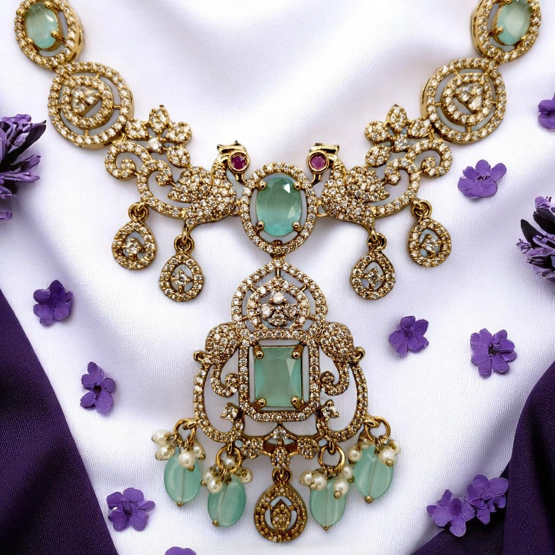 Victorian Halskette mit Lange Kette Ohrringe und Tikka - gold | mint - Combo set