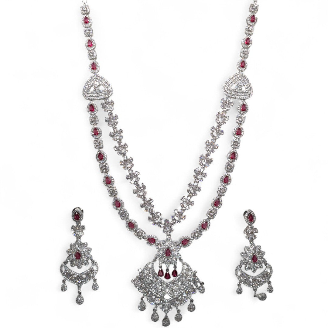 Victorian Halskette (Lange) mit Ohrringe - silber | magenta