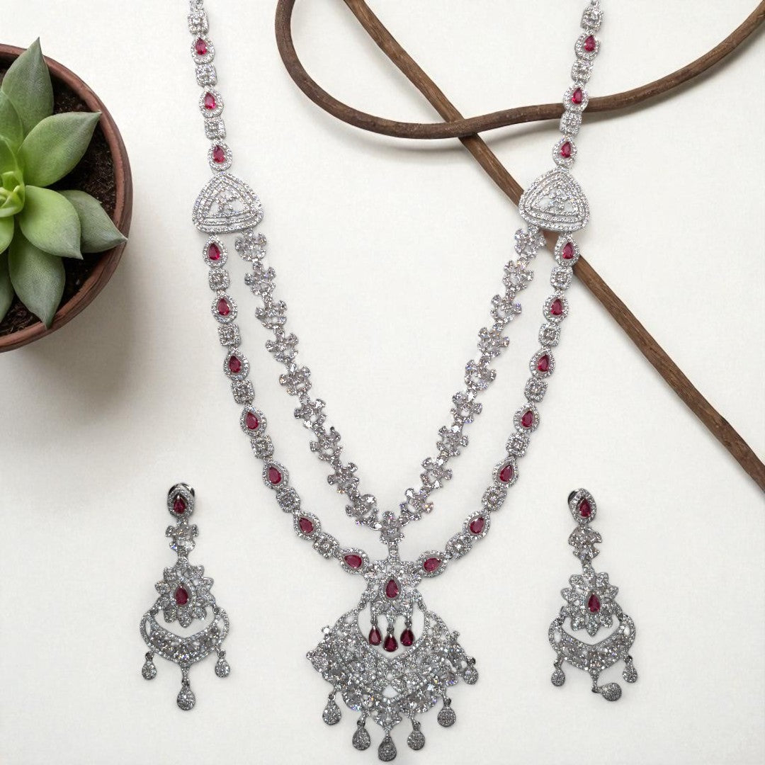 Victorian Halskette (Lange) mit Ohrringe - silber | magenta