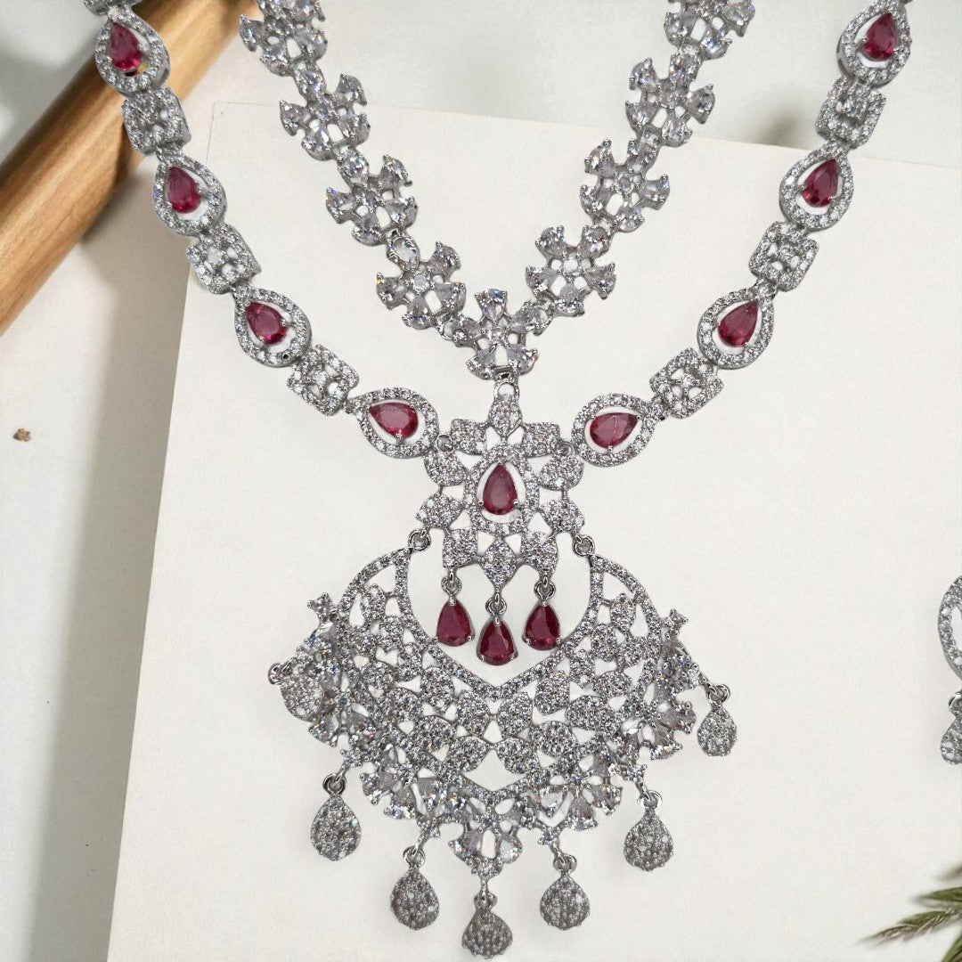 Victorian Halskette (Lange) mit Ohrringe - silber | magenta