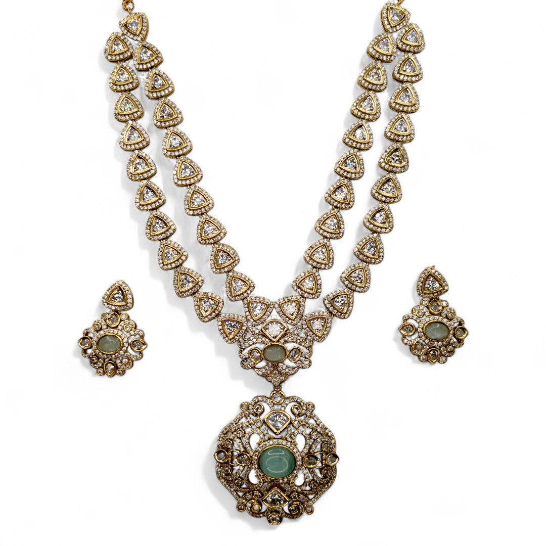 Temple Necklace with Earrings - gold | green