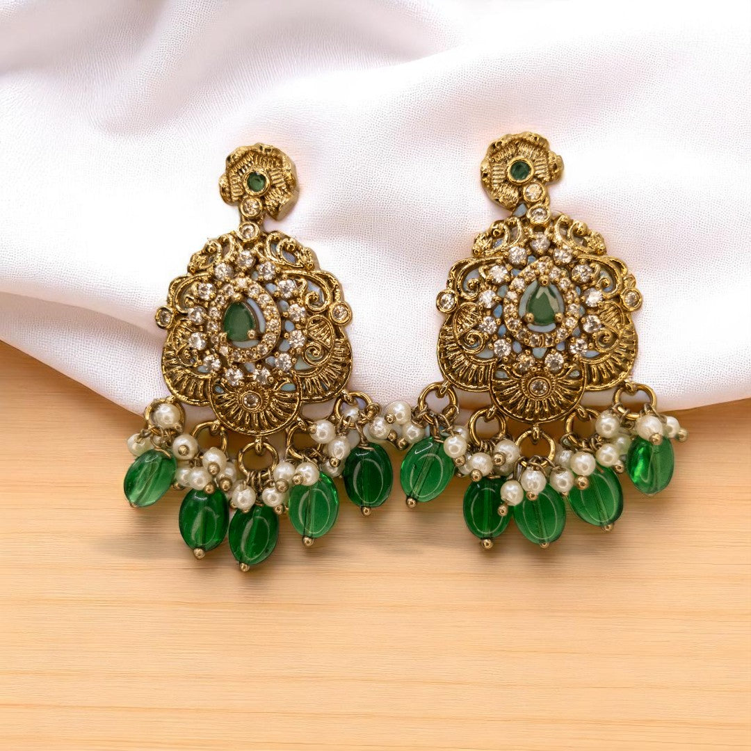 Temple Necklace with Earrings - gold | green