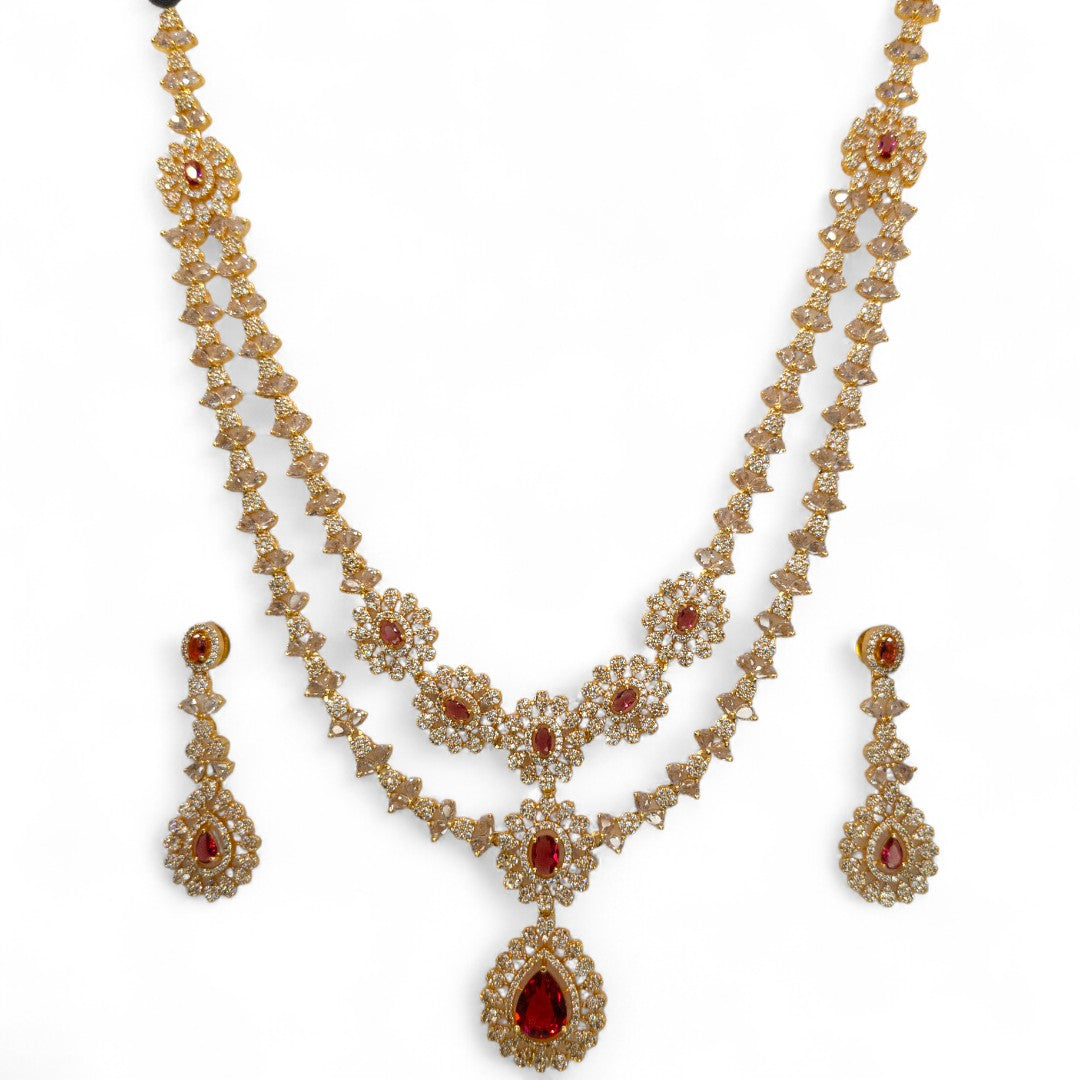 Victorian Layered Halskette mit passenden Ohrringen - gold | magenta