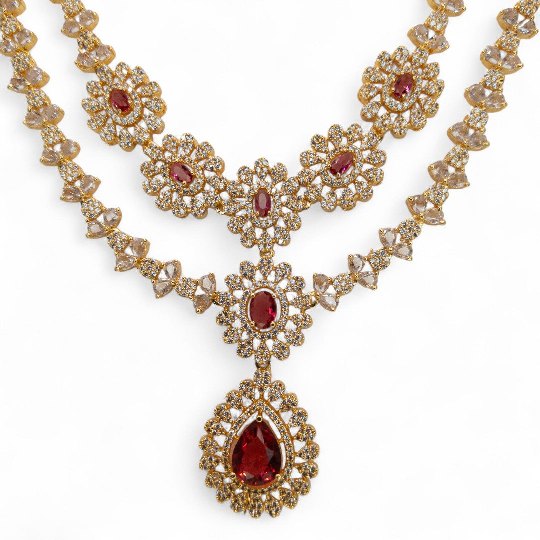 Victorian Layered Halskette mit passenden Ohrringen - gold | magenta