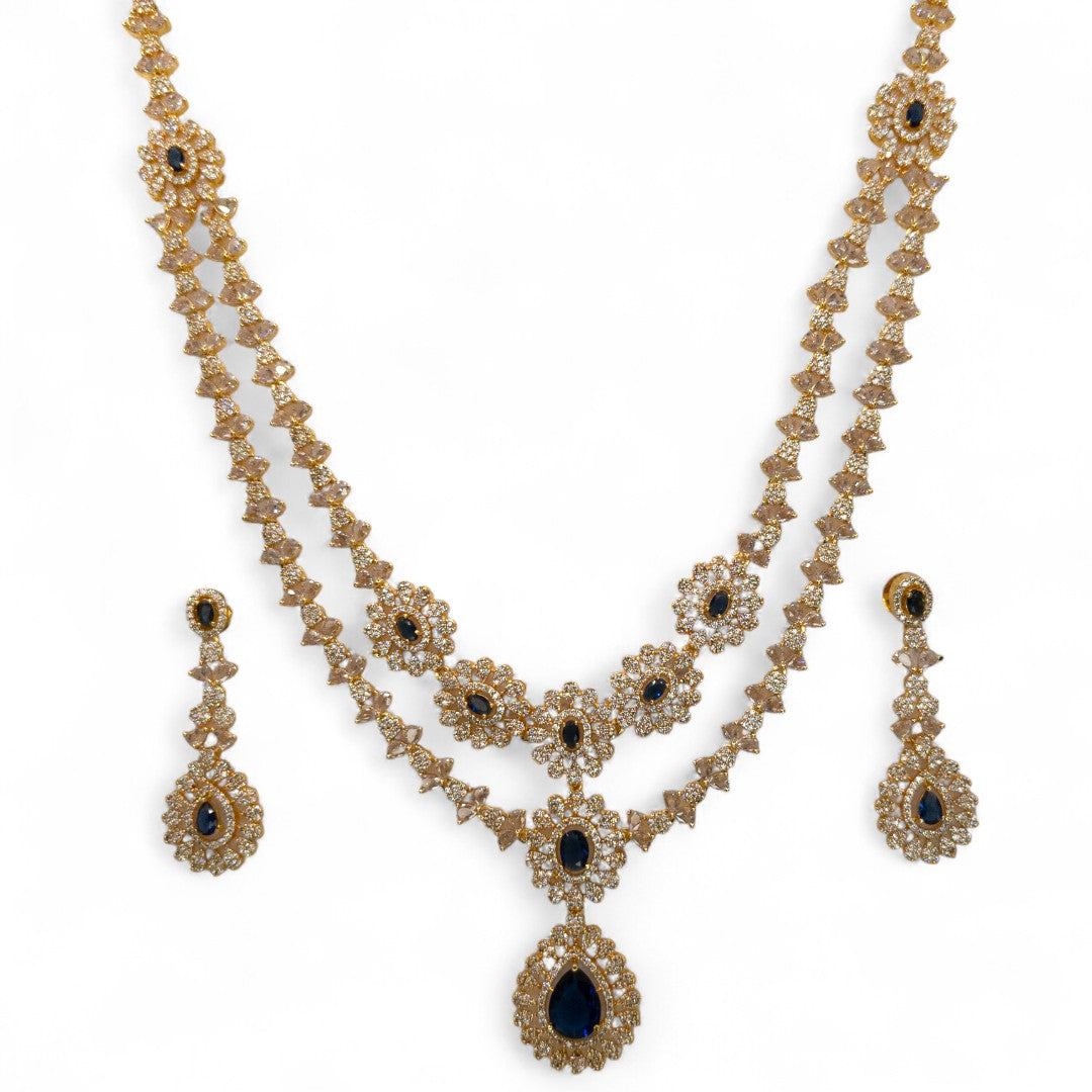 Victorian Layered Halskette mit passenden Ohrringen - gold | blau