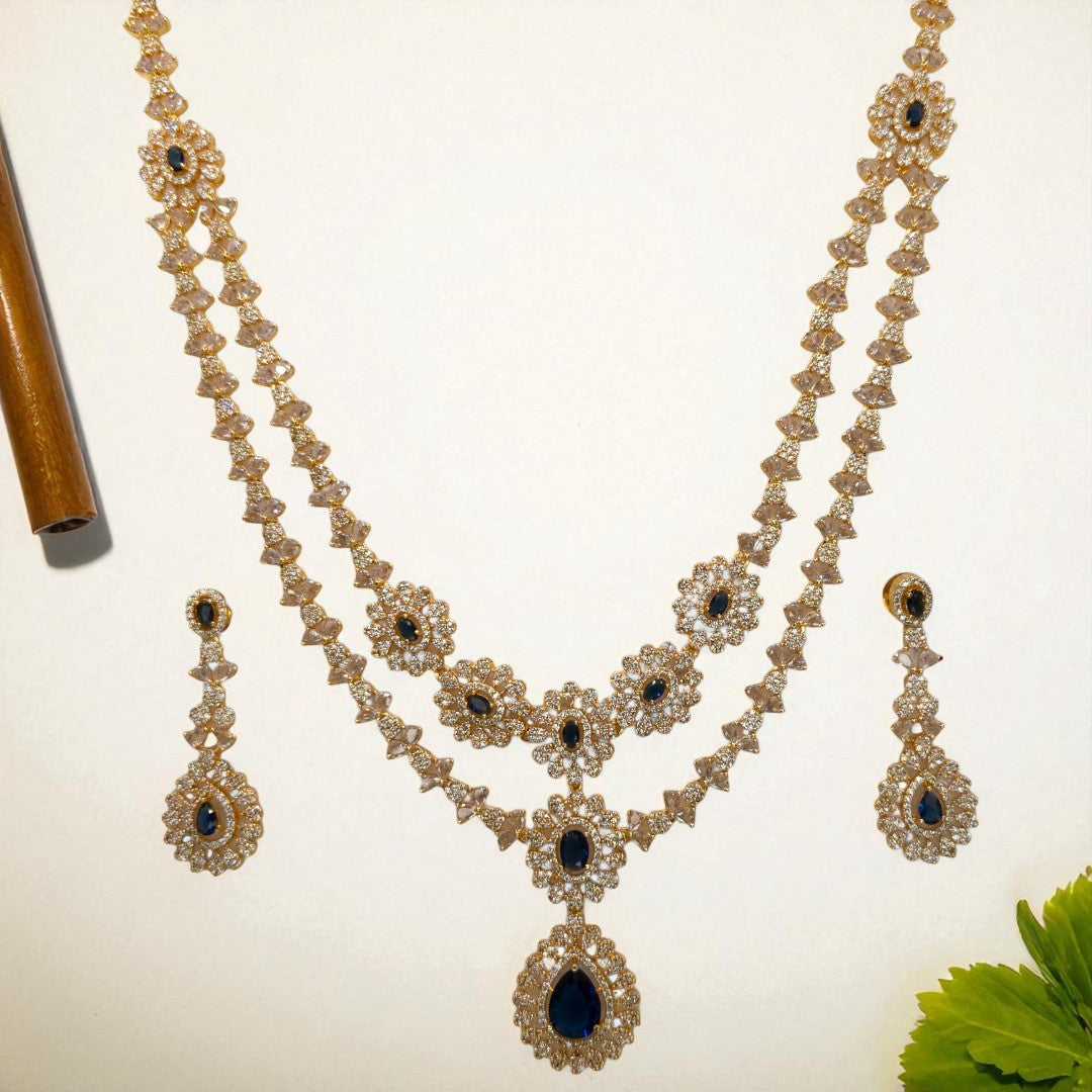 Victorian Layered Halskette mit passenden Ohrringen - gold | blau
