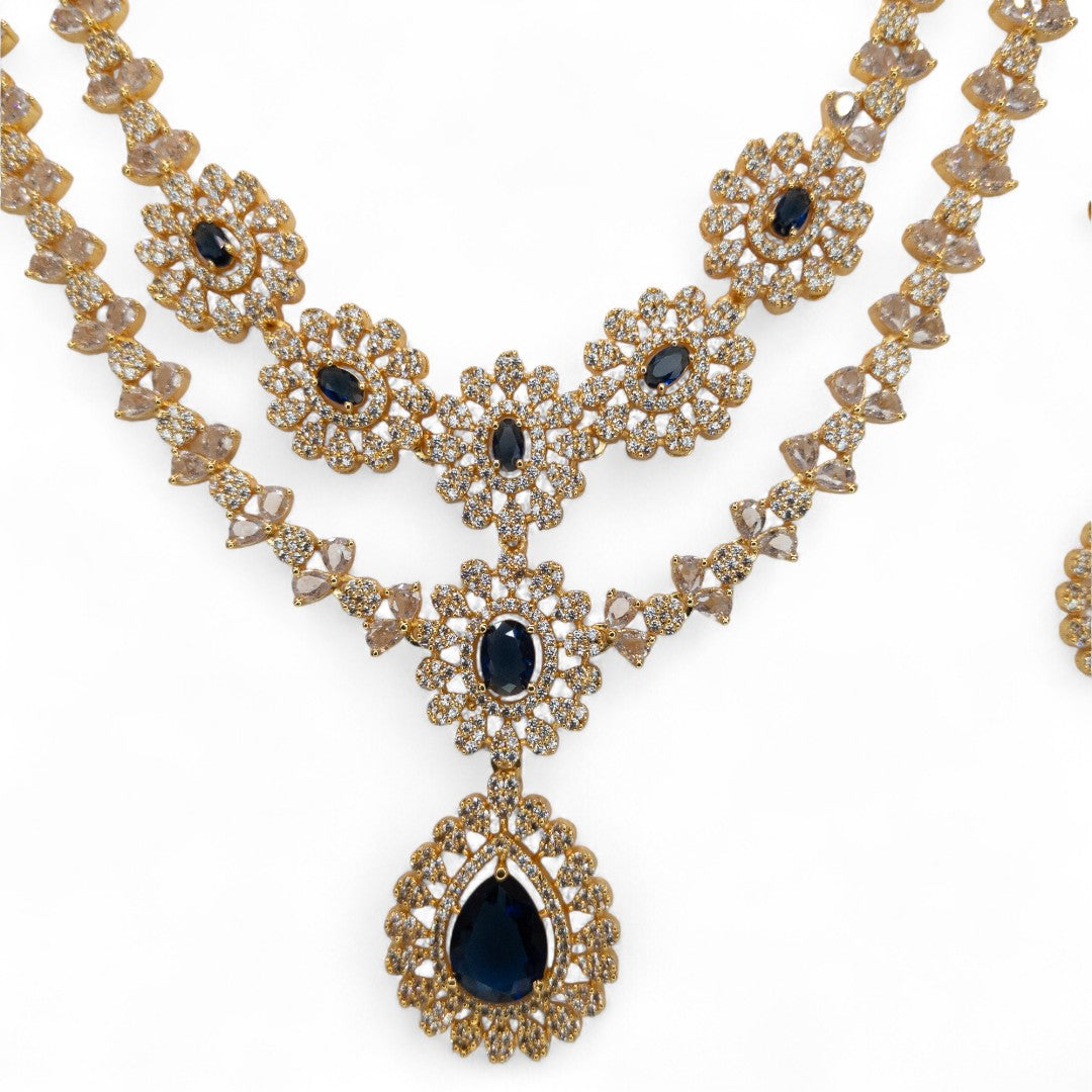 Victorian Layered Halskette mit passenden Ohrringen - gold | blau
