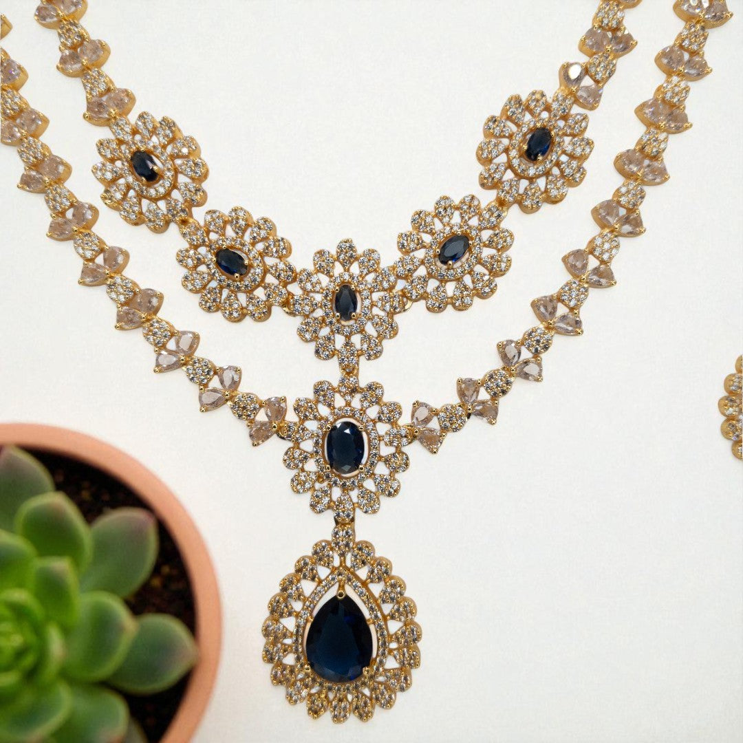 Victorian Layered Halskette mit passenden Ohrringen - gold | blau