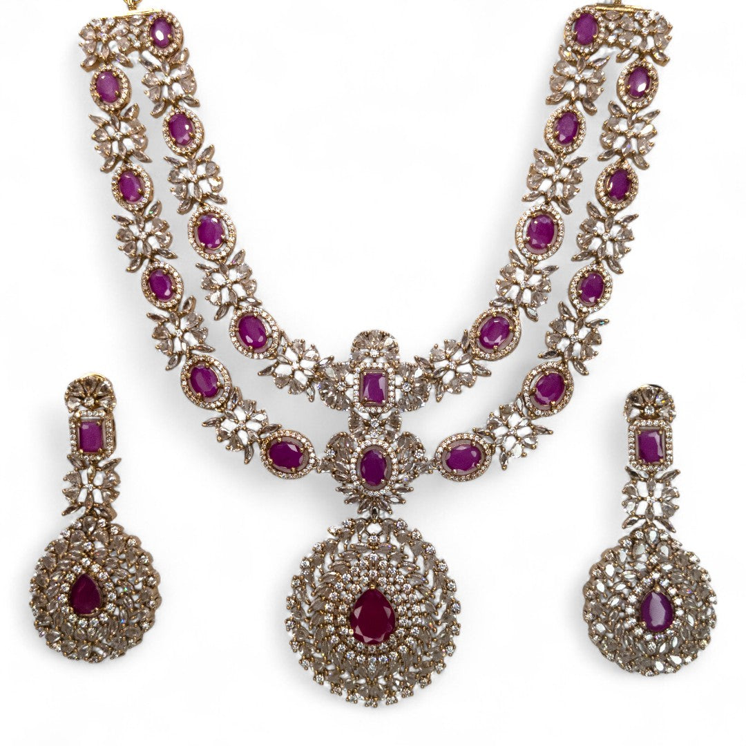 Victorian Layered Halskette mit passenden Ohrringen - gold | magenta