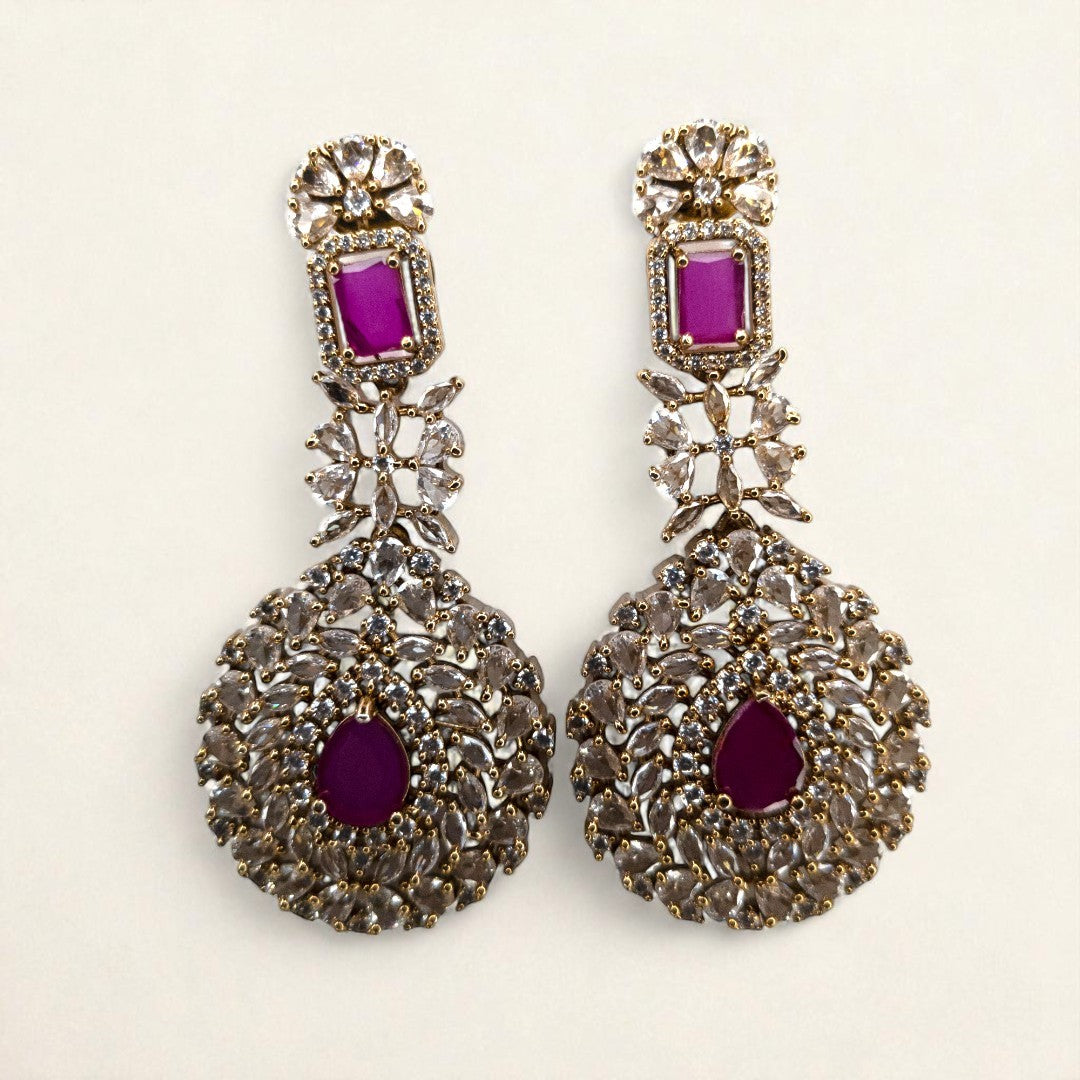 Victorian Layered Halskette mit passenden Ohrringen - gold | magenta