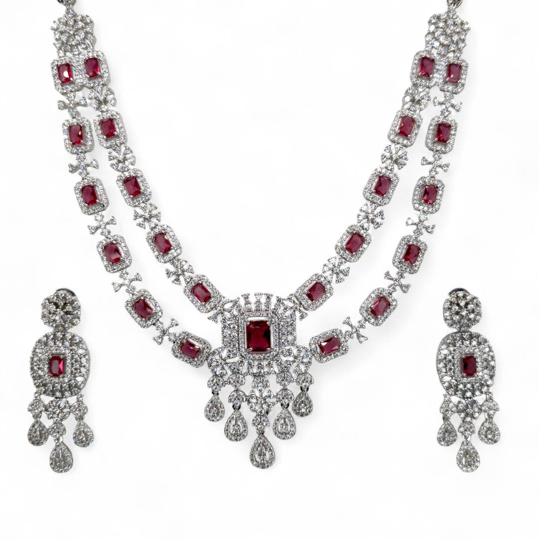 Victorian Layered Halskette mit passenden Ohrringen - silber | magenta