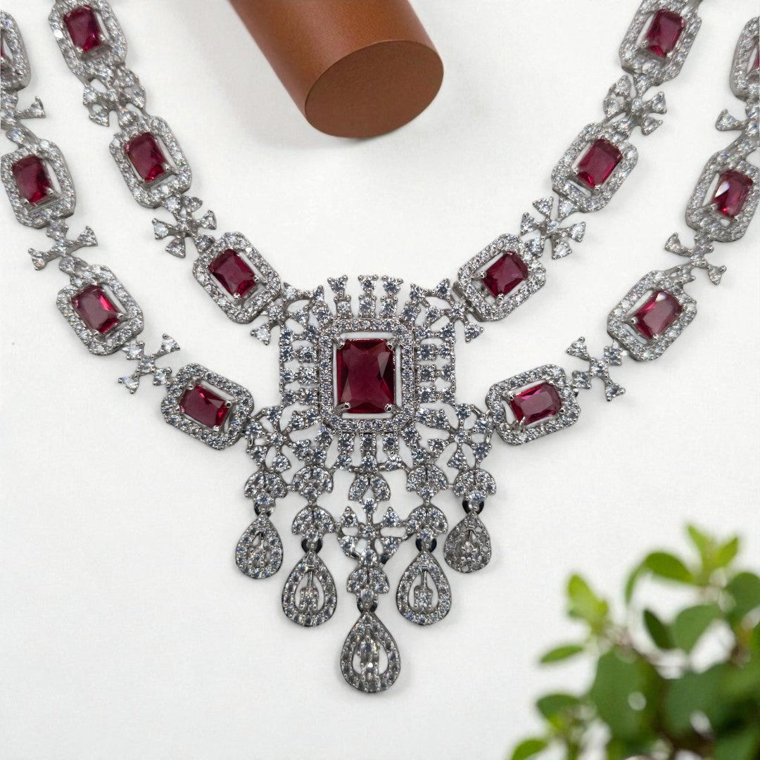 Victorian Layered Halskette mit passenden Ohrringen - silber | magenta