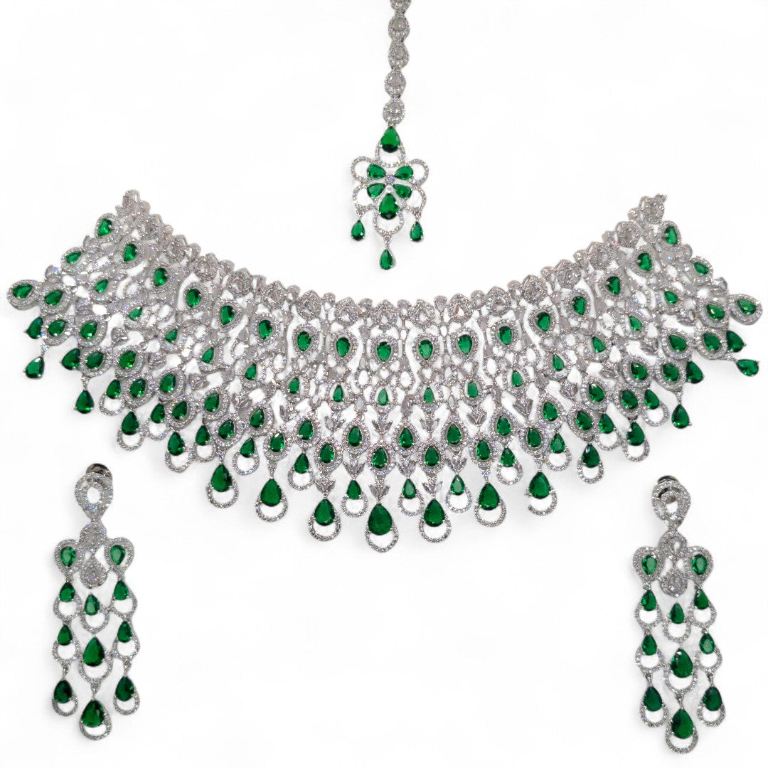 Victorian Choker Halskette mit Ohrringe und tikka - Silber | grün