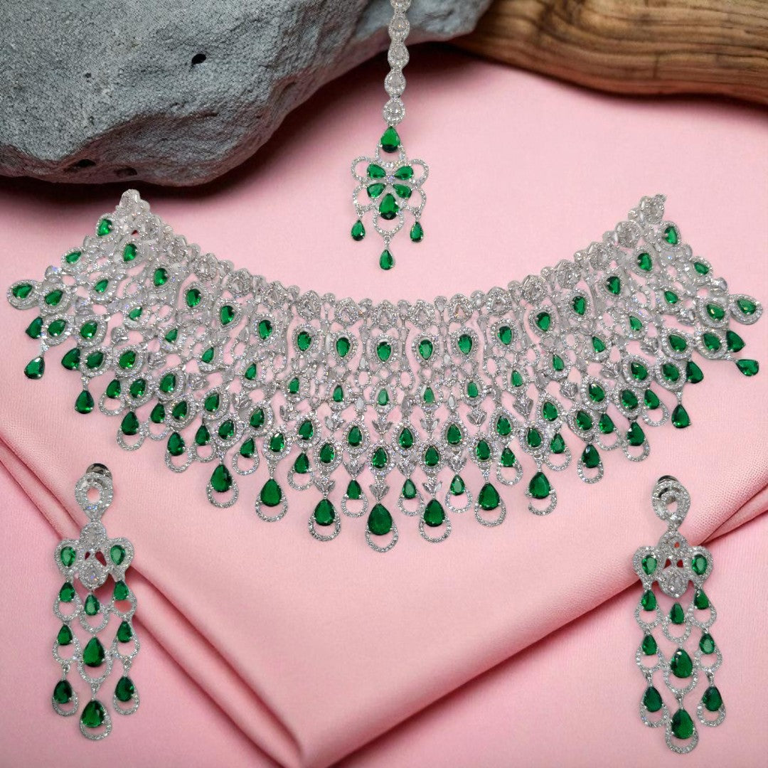 Victorian Choker Halskette mit Ohrringe und tikka - Silber | grün