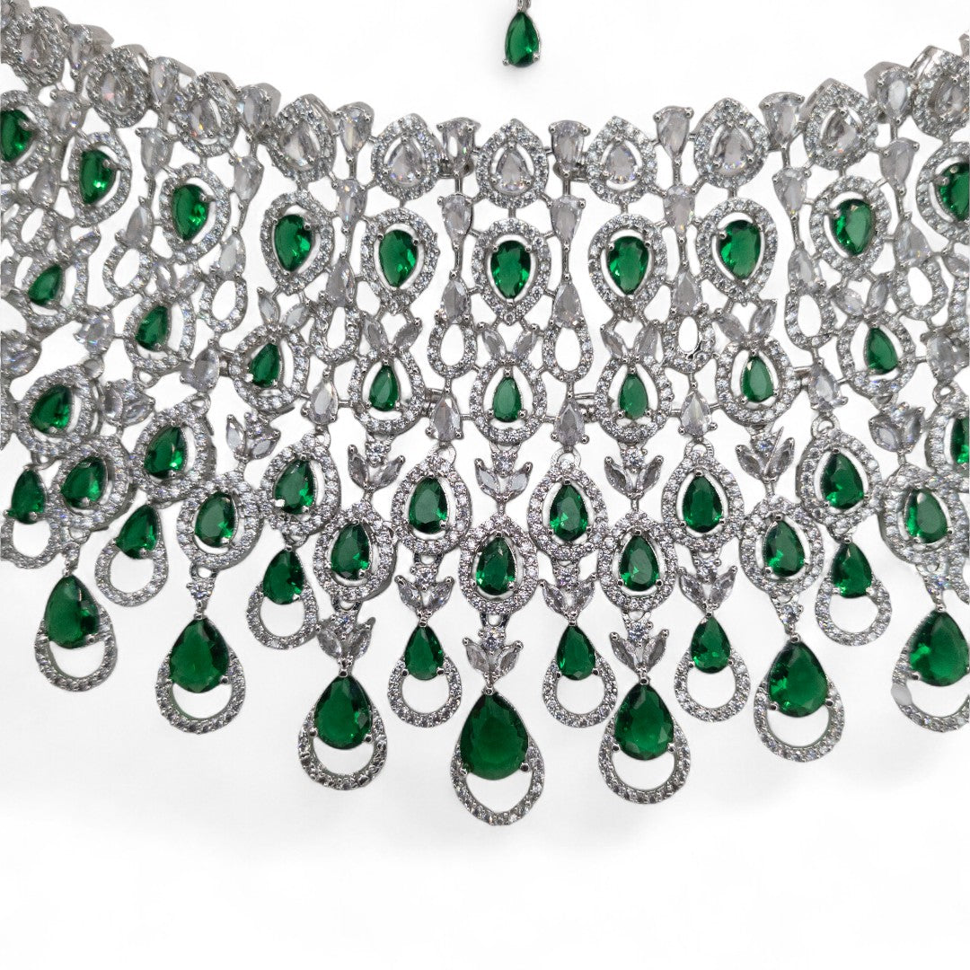 Victorian Choker Halskette mit Ohrringe und tikka - Silber | grün