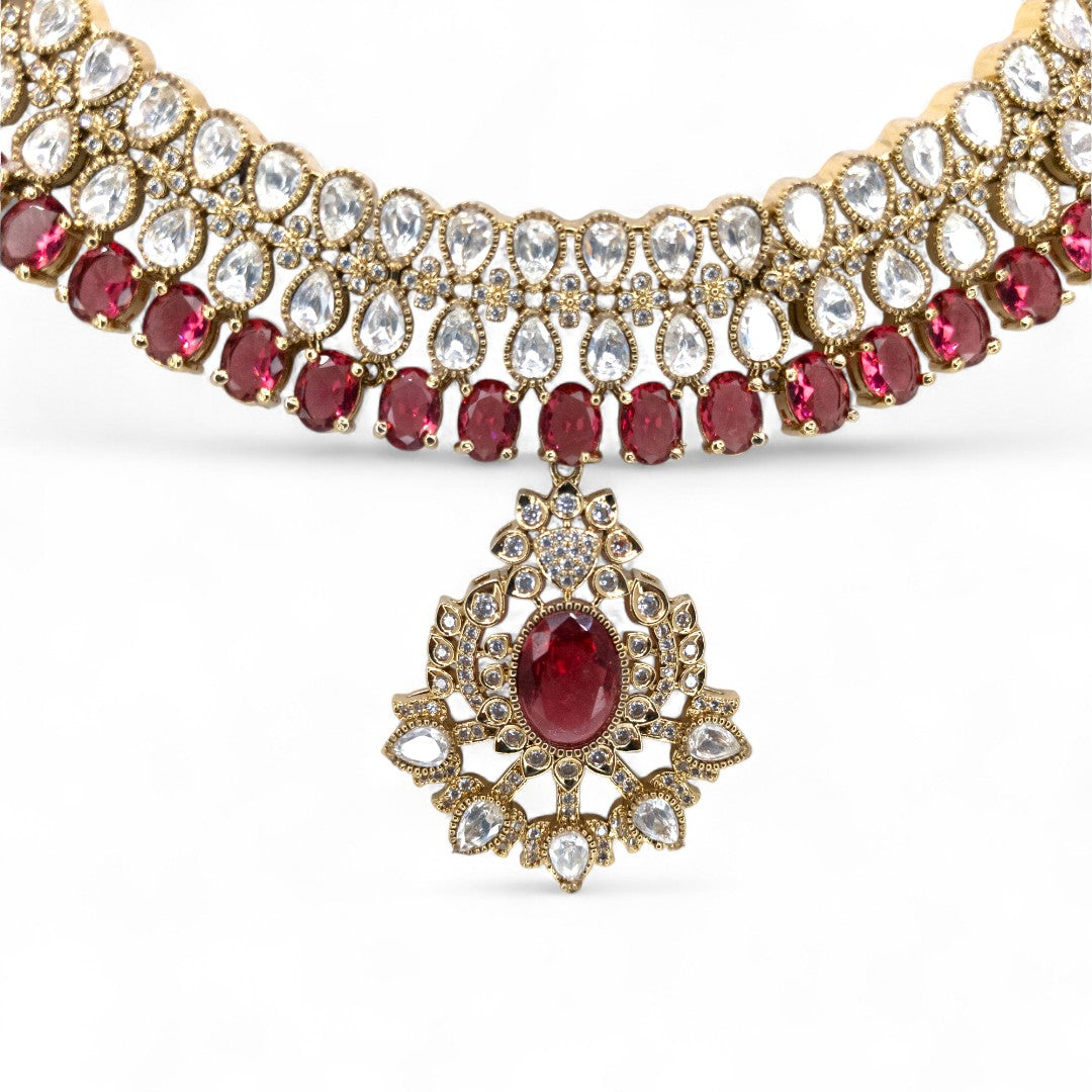 Victorian Halskette mit Ohrringe - gold | rot