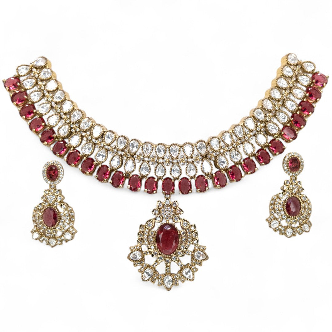Victorian Halskette mit Ohrringe - gold | rot
