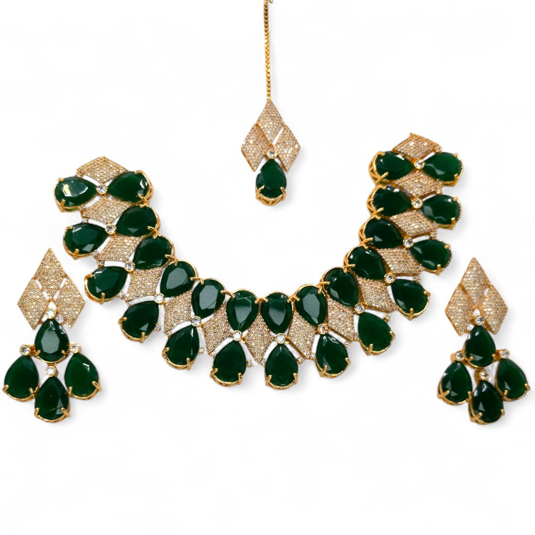 Temple Necklace with Earrings - gold | green