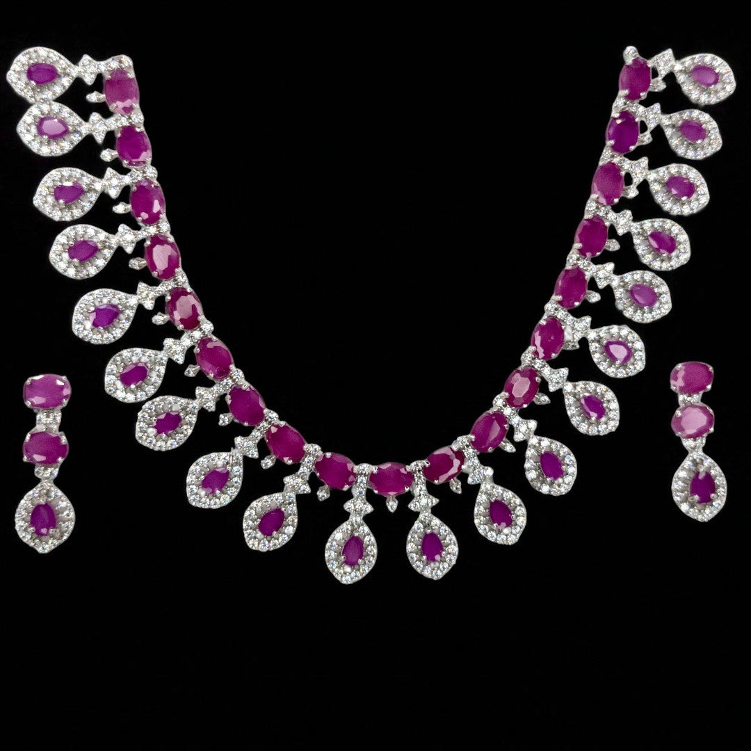 Victorian  Halskette mit Ohrringe  - Silber | magenta