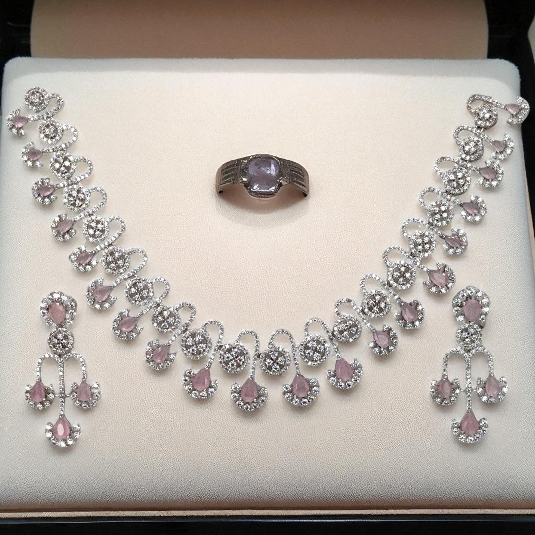 Victorian  Halskette mit Ohrringe  - Silber | rosa