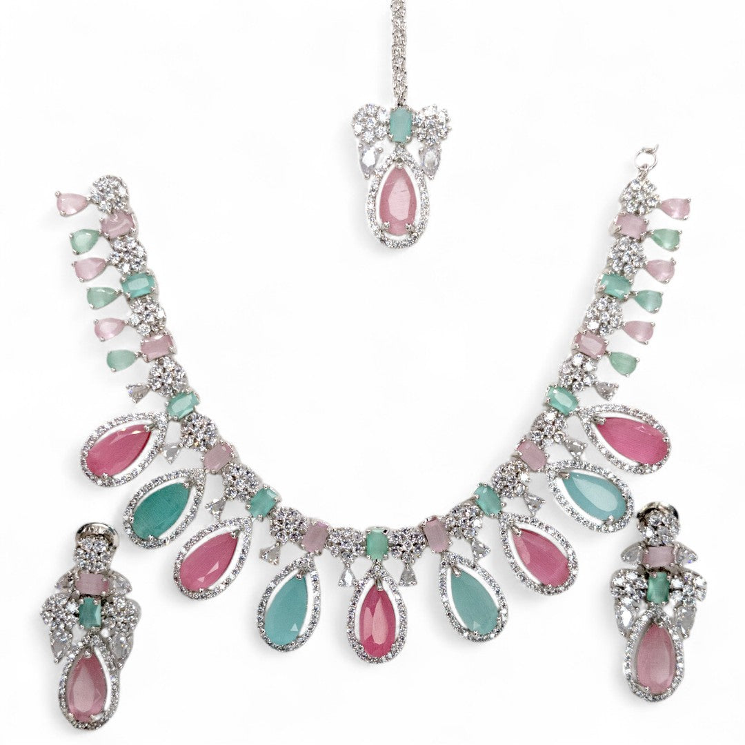 Victorian  Halskette mit Ohrringe  und tikka - silber | mint, rosa