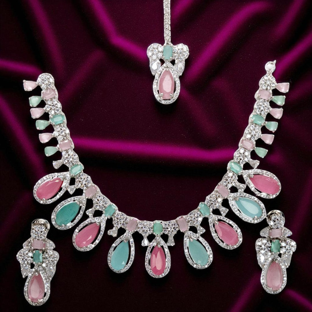 Victorian  Halskette mit Ohrringe  und tikka - silber | mint, rosa