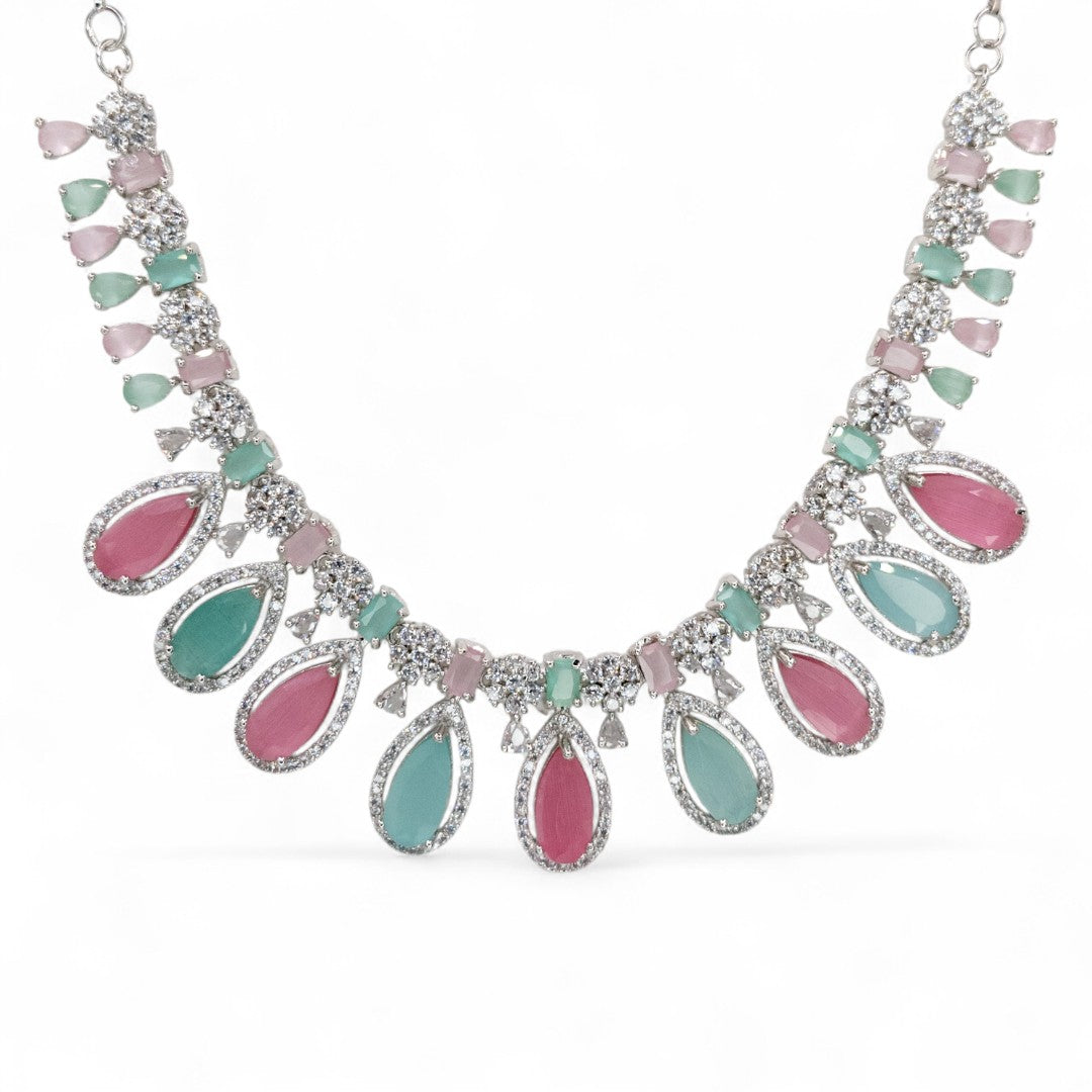 Victorian  Halskette mit Ohrringe  und tikka - silber | mint, rosa