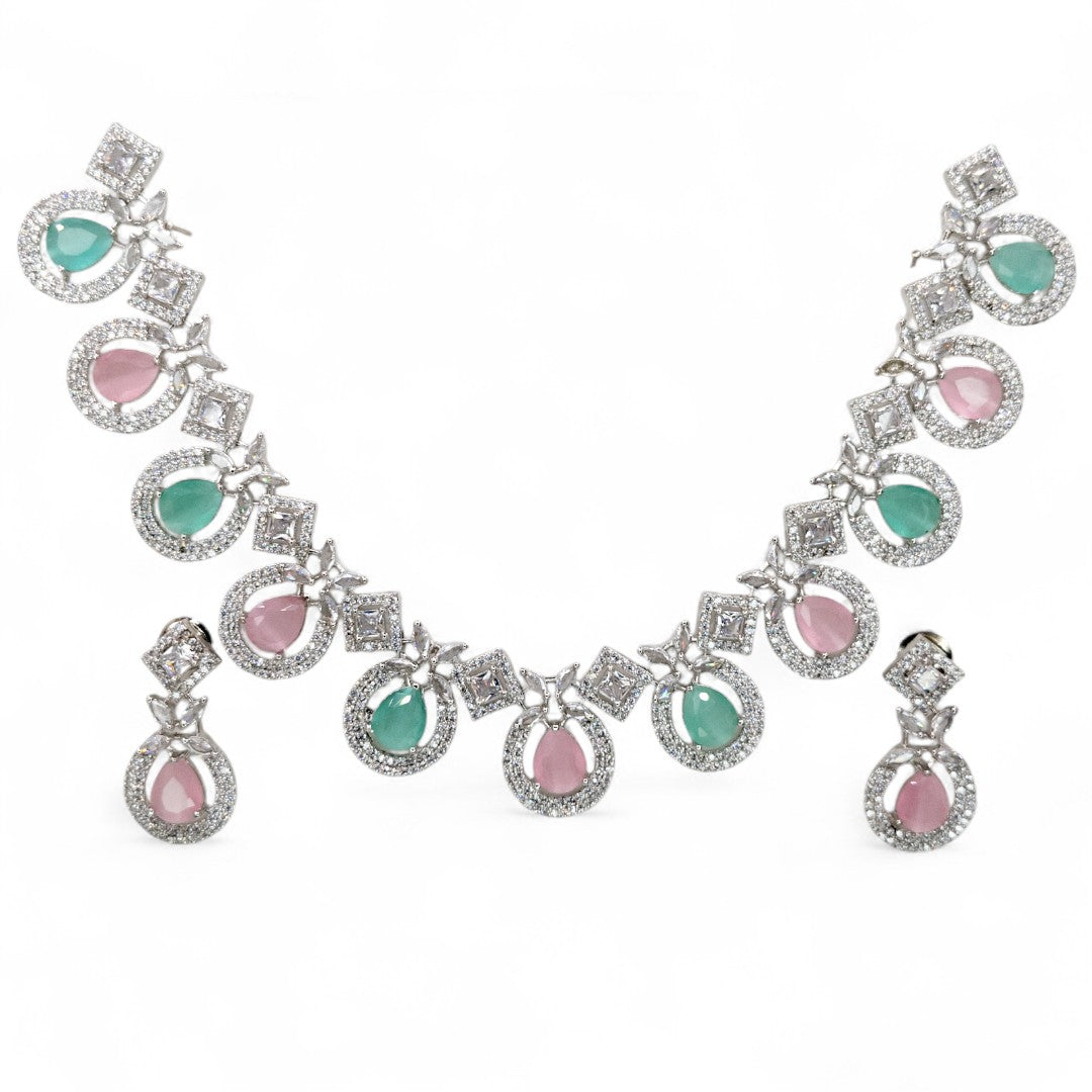Victorian  Halskette mit Ohrringe  - silber | mint, rosa