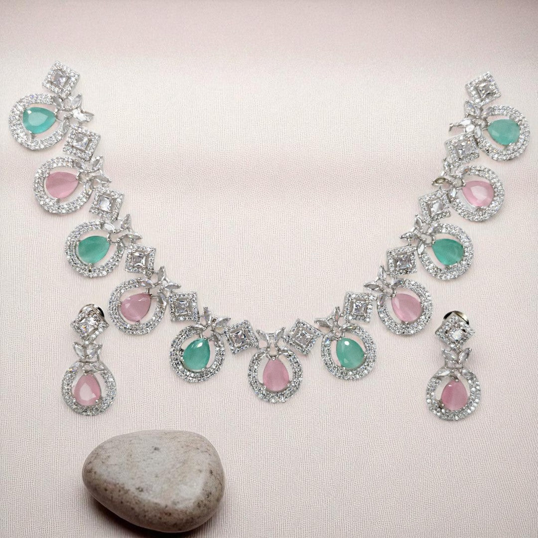Victorian  Halskette mit Ohrringe  - silber | mint, rosa
