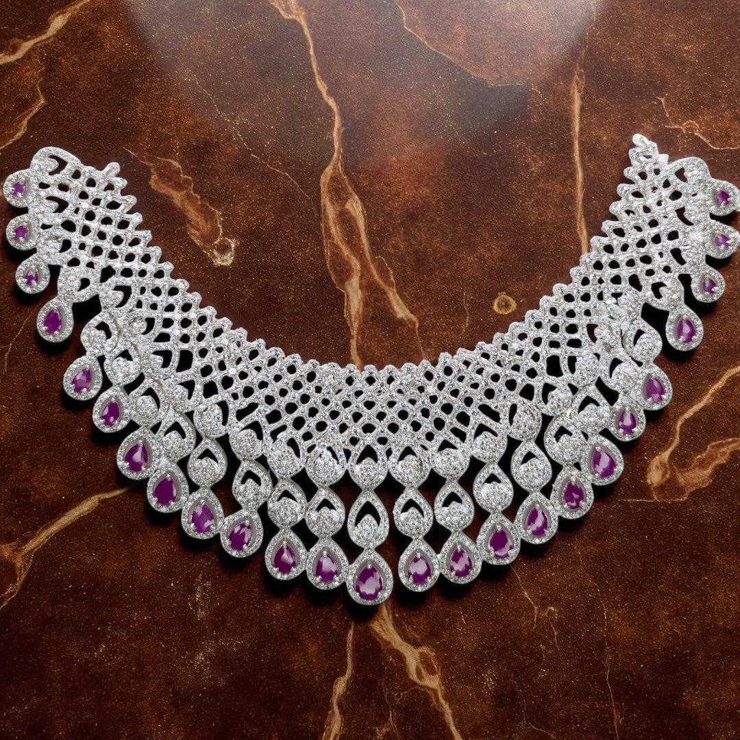 Victorian  Halskette mit Ohrringe  - Silber | magenta