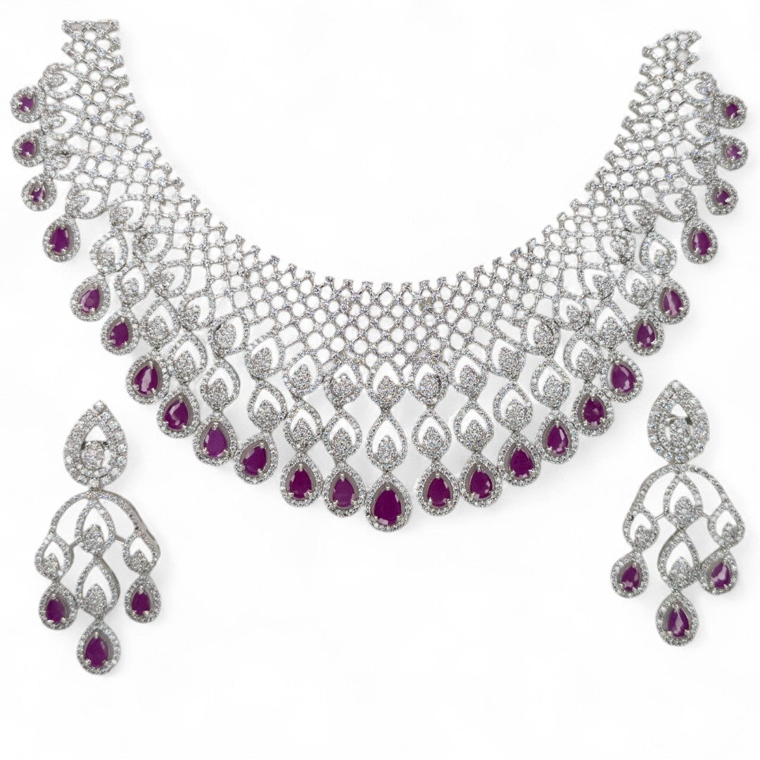 Victorian  Halskette mit Ohrringe  - Silber | magenta