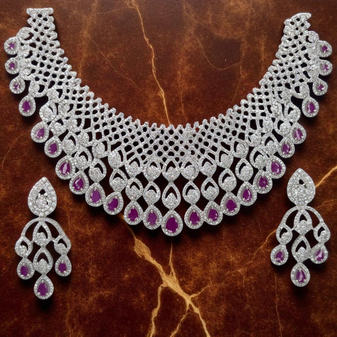 Victorian  Halskette mit Ohrringe  - Silber | magenta