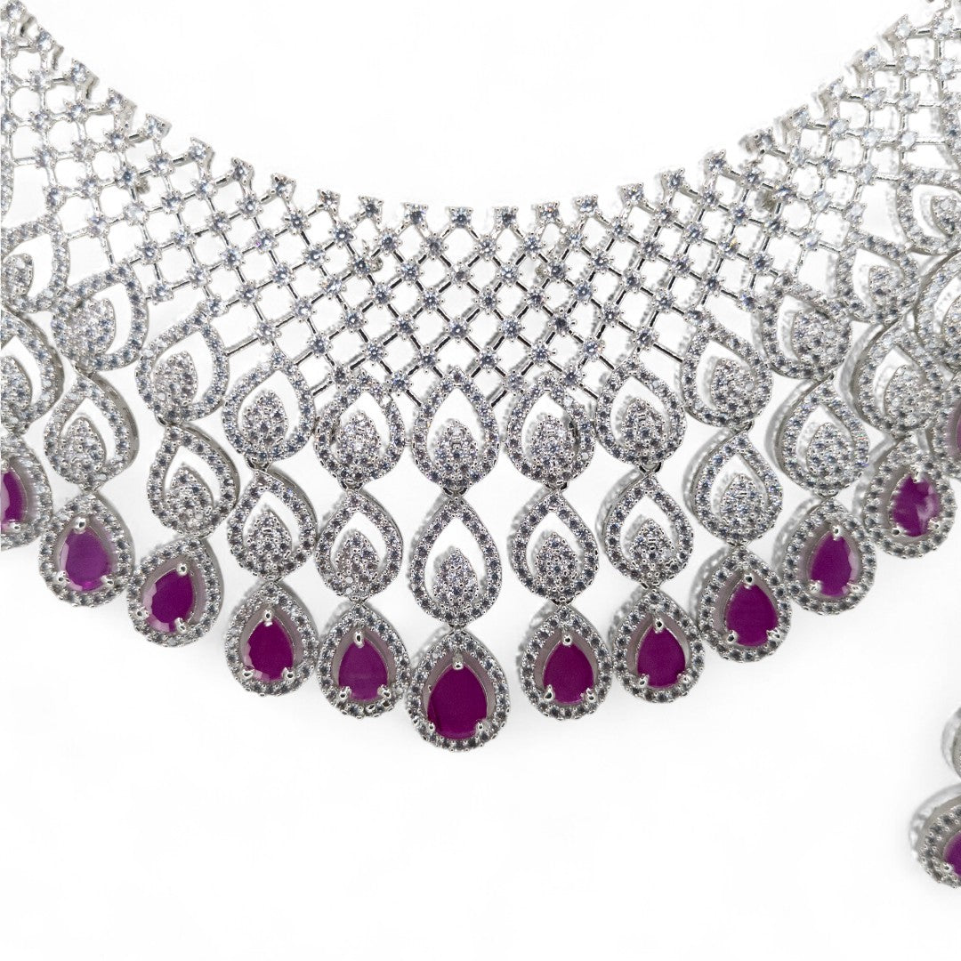 Victorian  Halskette mit Ohrringe  - Silber | magenta